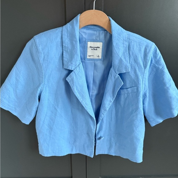 Abercrombie & Fitch light Blue Linen-blend Short-sleeve Cropped Blazer • S - Picture 6 of 6